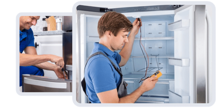 Refrigerator Repair - Photo of a service technician diagnosing and repairing a refrigerator.  