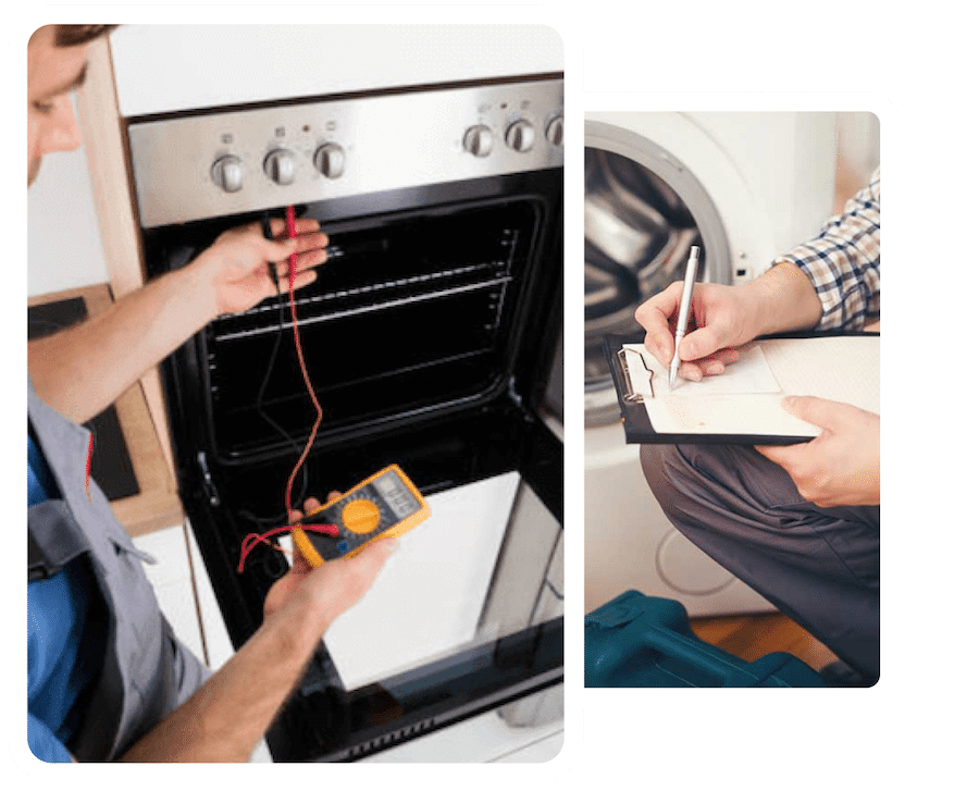 Oven Repair - Phonto of a repair technician diagnosing an oven with a voltage meter for repair.